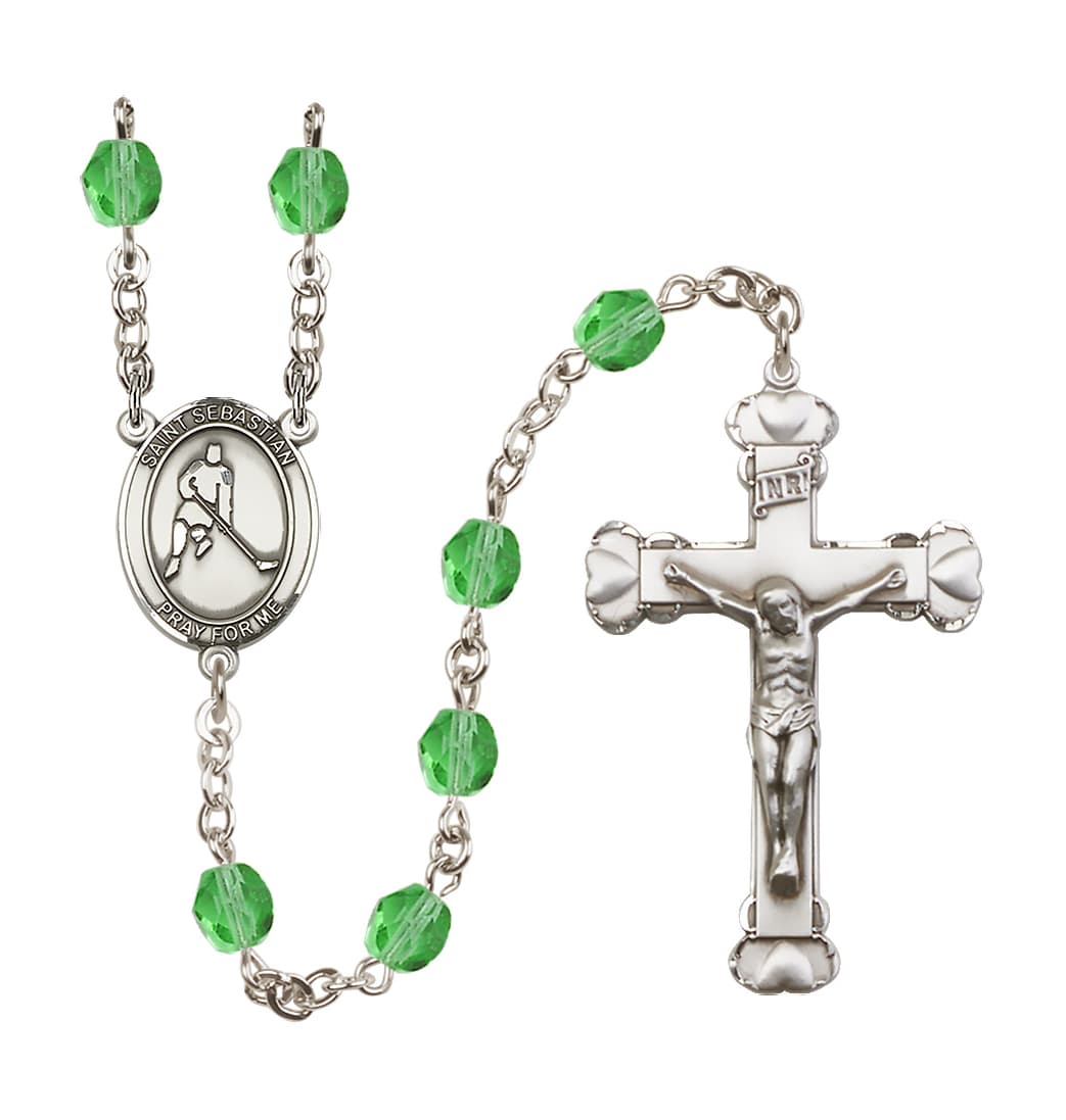 Bliss August Peridot Heart St Sebastian Ice Hockey 6mm Fire Polished Rosary,