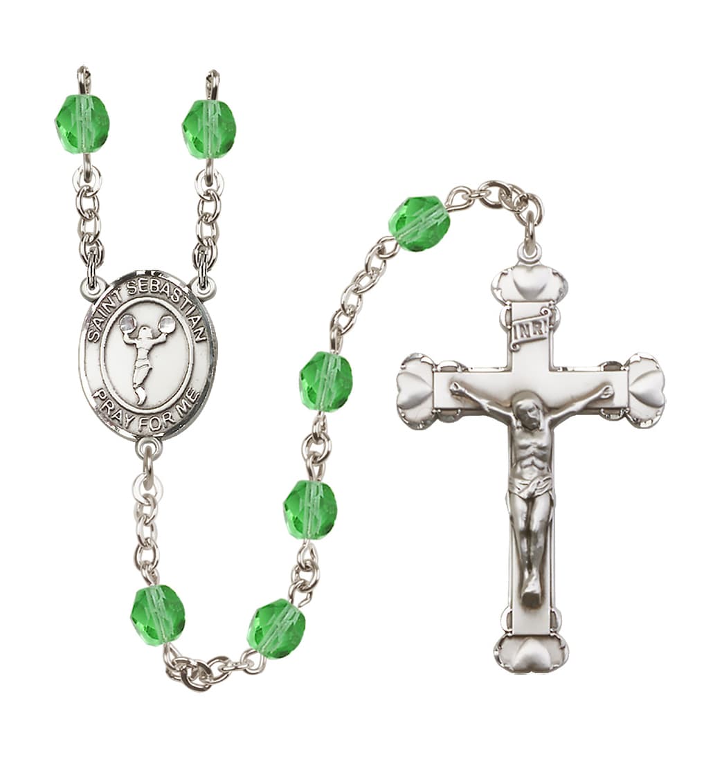 Bliss August Peridot Crystal St Sebastian Cheerleading 6mm Fire Polished Heart Crucifix Rosary,