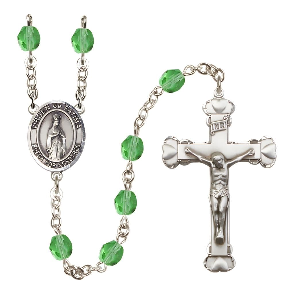 Bliss Spanish Virgen de Fatimas Rosary with Pewter Heart Crucifix and Centerpiece, Birthstone 6mm Fire Polished Peridot Beads for August