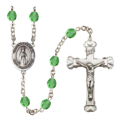 Spanish Virgen de Fatimas Rosary with Pewter Heart Crucifix and Centerpiece, Birthstone 6mm Fire Polished Peridot Beads for August, Bliss Manufacturing