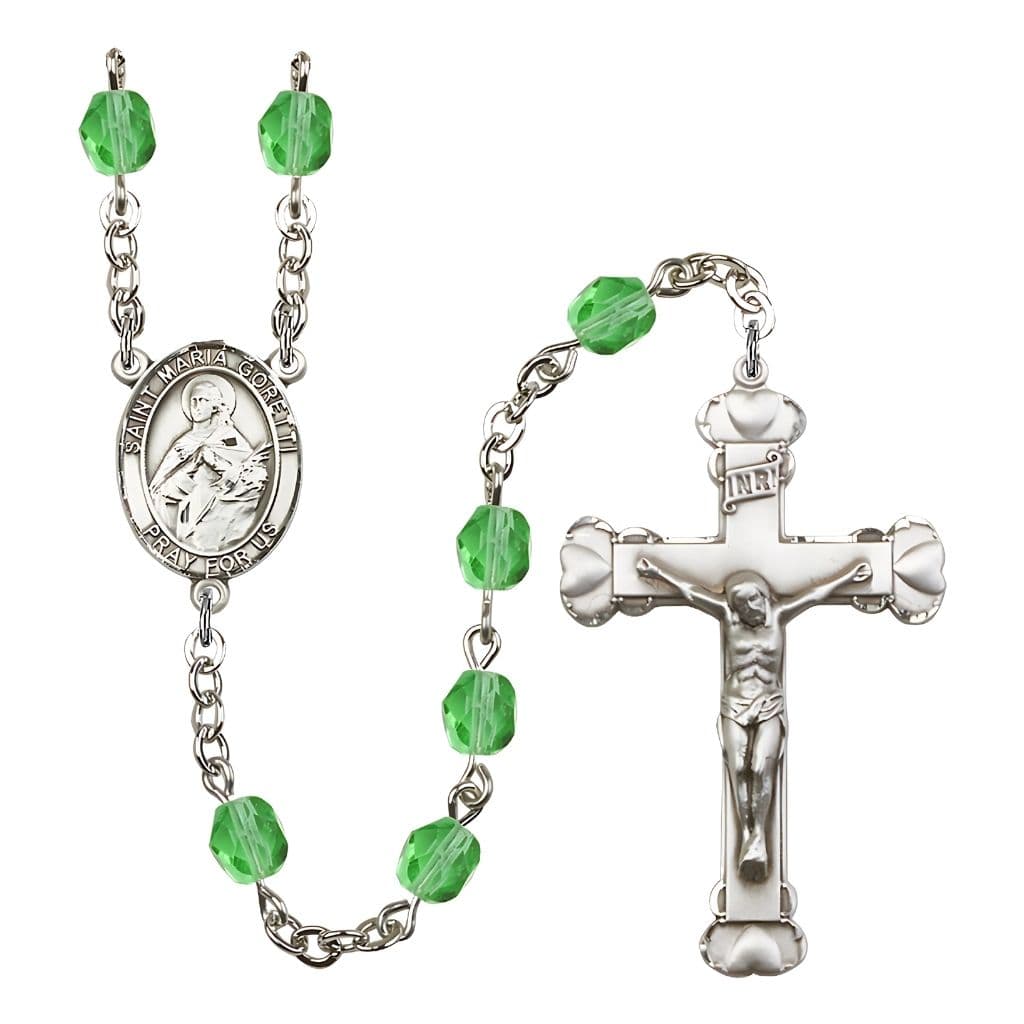 Bliss St. Maria Goretti Engraved Birthstone Fire Polished Rosary in Peridot,