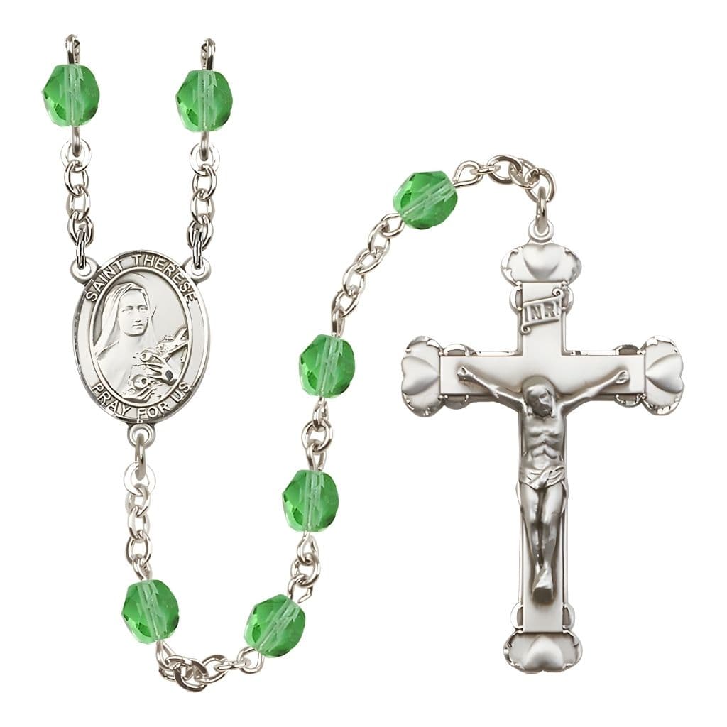 Bliss St. Therese of Lisieux Birthstone 6mm Peridot Fire Polished Rosary with Pewter Crucifix and Centerpiece