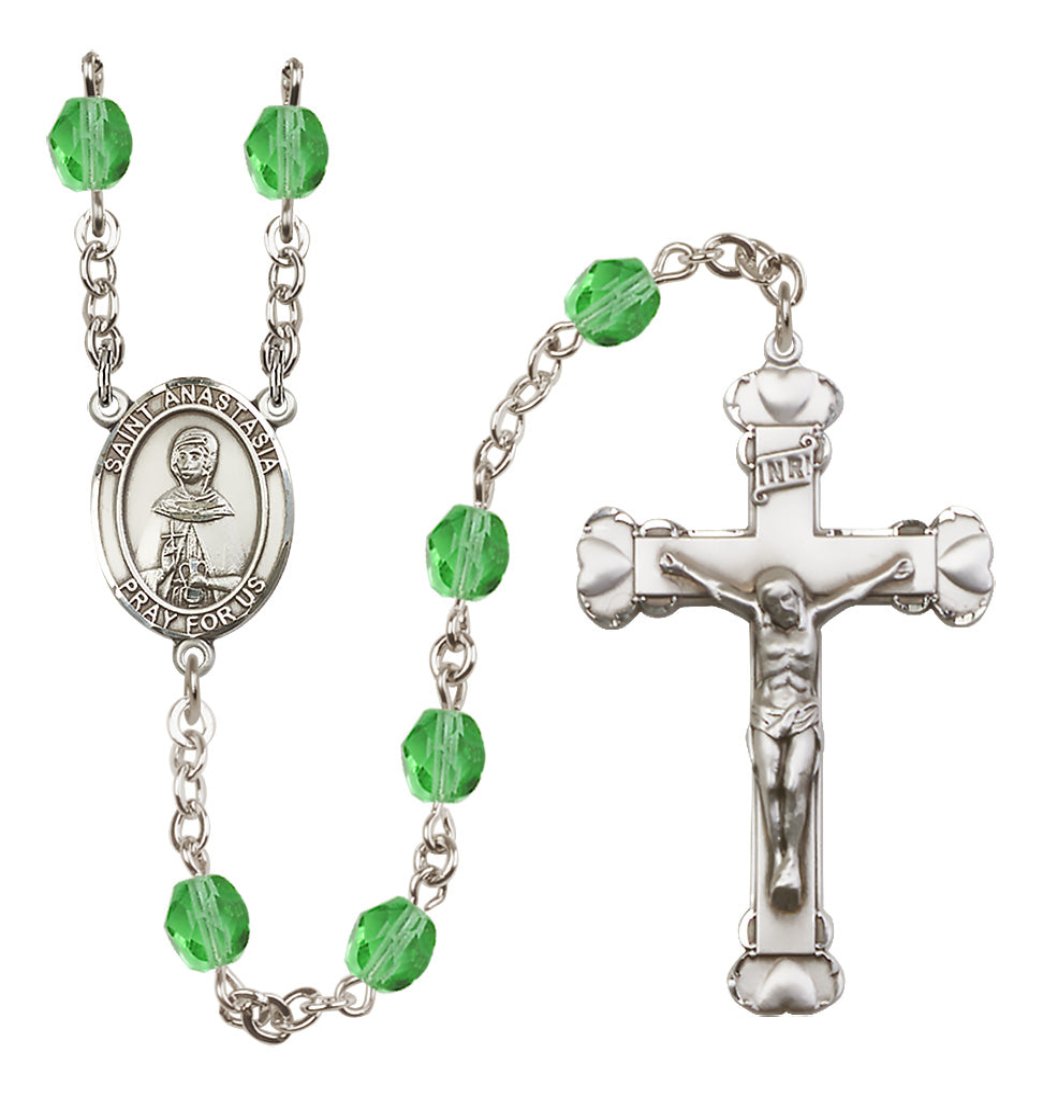 Bliss Silver-Plated Peridot Crystal Saint Anastasia Birthstone Heart Rosary,