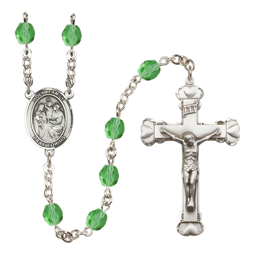 Bliss Holy Family Engravable Rosary with Pewter Heart Crucifix and Centerpiece, Birthstone 6mm Fire Polished Peridot Beads for August