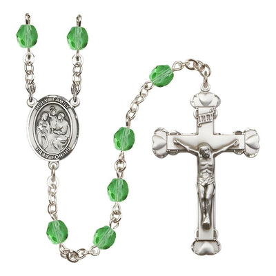 Holy Family Engravable Rosary with Pewter Heart Crucifix and Centerpiece, Birthstone 6mm Fire Polished Peridot Beads for August, Bliss Manufacturing
