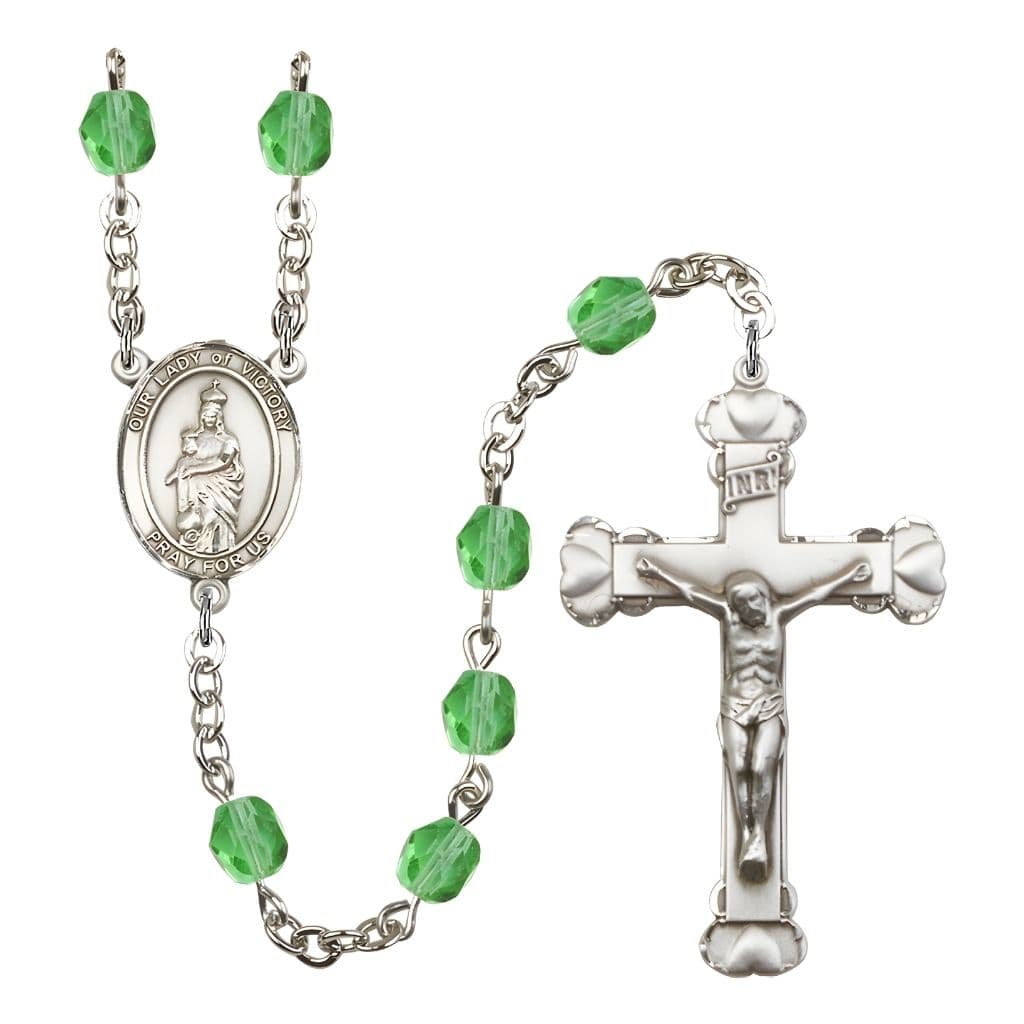 Bliss Our Lady of Victory Birthstone August Peridot 6mm Fire Polished Silver-plated Engravable Heart Tip Rosary with Pewter Centerpiece and Crucifix