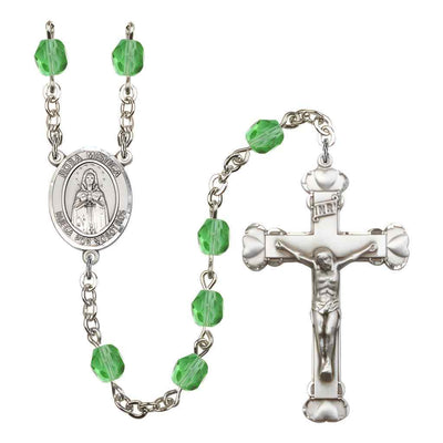 Spanish Rosa Mystica Rosary with Pewter Heart Crucifix and Centerpiece, Birthstone 6mm Fire Polished Peridot Beads for August