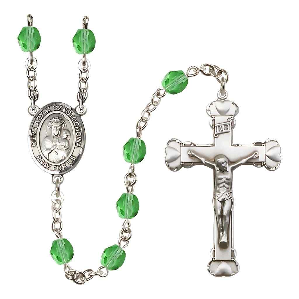 Our Lady of Czestochowa Rosary with Pewter Heart Tip Crucifix and Centerpiece, Birthstone 6mm Fire Polished Peridot Beads for August