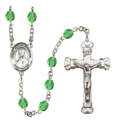 St. Andre Bessette Rosary with Pewter Heart Crucifix and Centerpiece, Birthstone 6mm Fire Polished Peridot Beads for August, Bliss Manufacturing