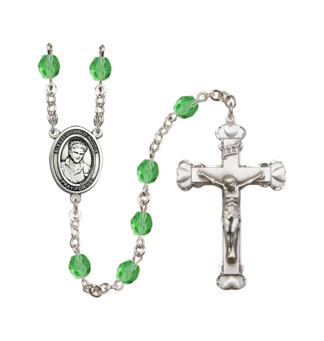 Bliss Silver-Plated Peridot/August Crystal Blessed Carlo Acutis Birthstone Heart Rosary,