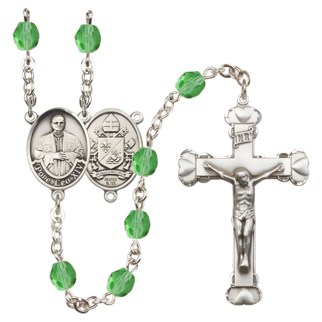 Bliss Pope Leo XIV Birthstone Engravable Rosary with Pewter Center and Heart  Edge Crucifix, 6mm Fire Polished Beads in Peridot for August