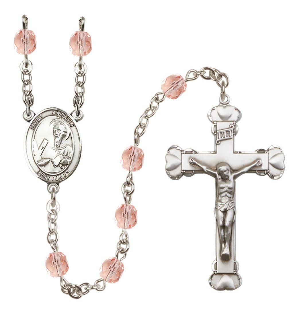 Bliss Silver-Plated Pink Crystal St Andrew the Apostle Birthstone Heart Rosary,