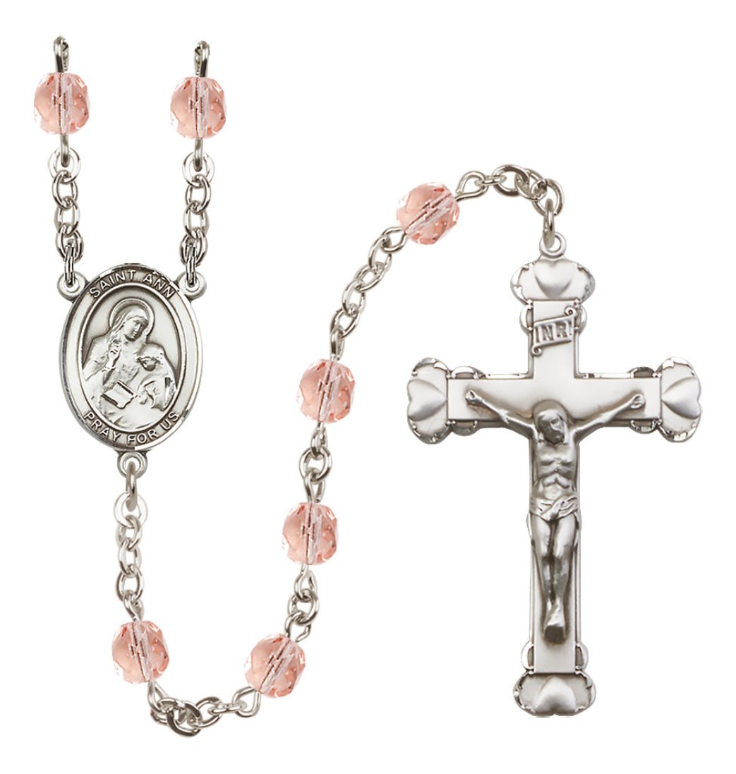 Bliss Manufacturing Silver Plated 6mm Fire Polished Saint Ann Rosary in Pink