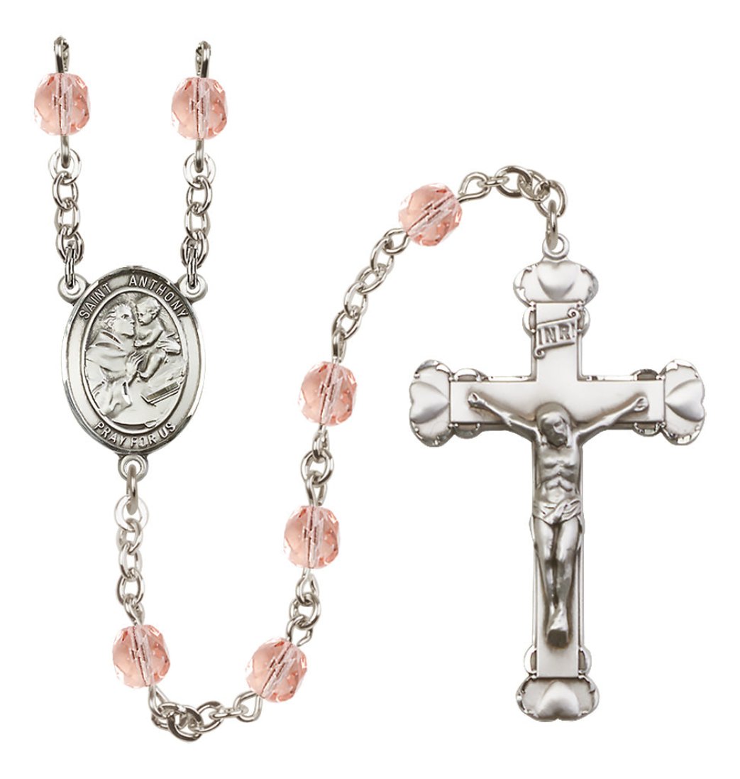 Rose Bliss Silver-Plated Crystal St Anthony of Padua Birthstone Heart Rosary,