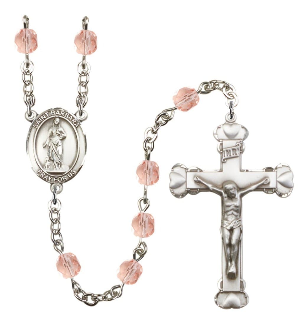 Bliss Oct Pink Silver-Plated Crystal St Barbara Birthstone Heart Rosary,