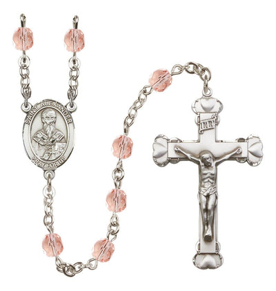 Silver-Plated Pink Crystal St Alexander Birthstone Heart Rosary, Bliss Manufacturing