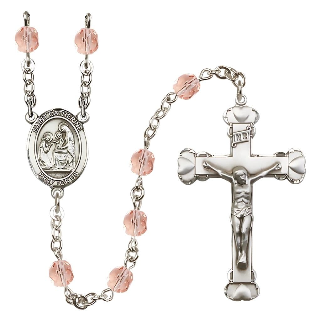 St. Catherine of Siena Rosary with Pewter Heart Crucifix and Centerpiece, Birthstone 6mm Fire Polished Pink Rose Beads for October, Bliss Manufacturing