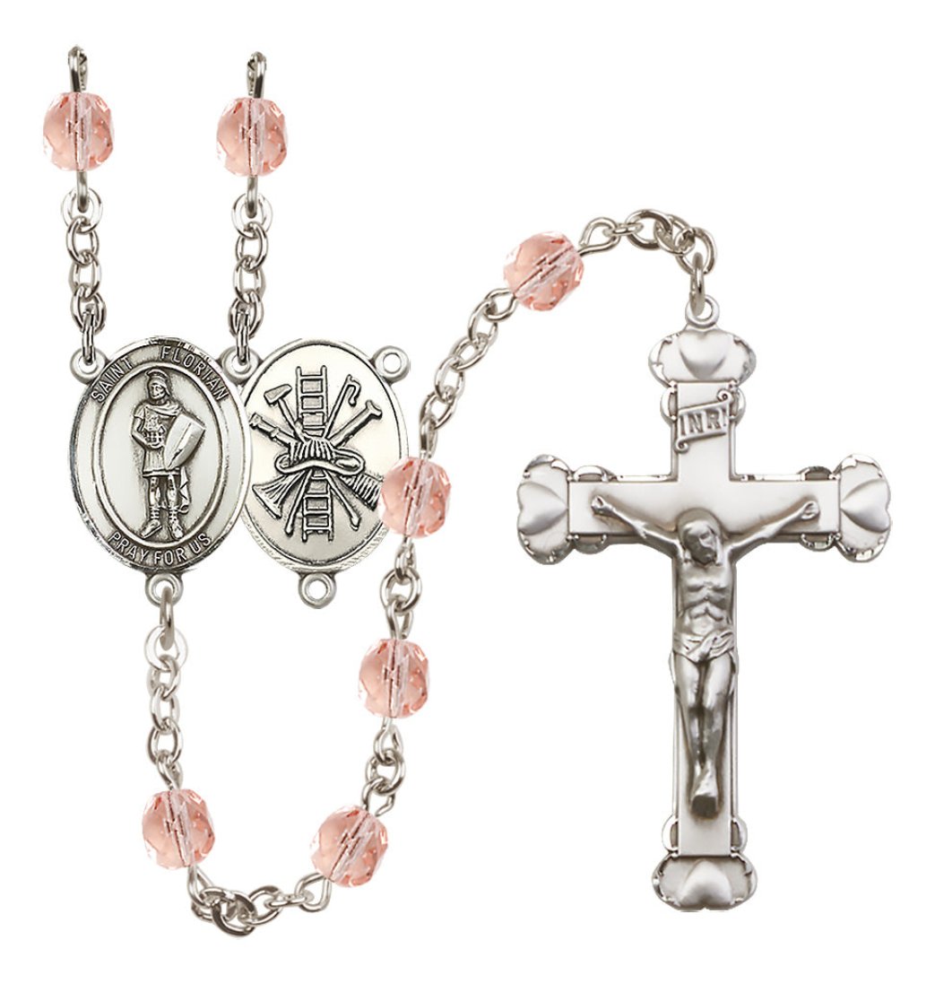 Bliss St Florian Firefighter Birthstone Crystal Silver-plated Heart Tip Rosary in Rose October Birthstone,