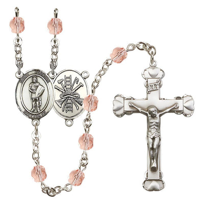 St Florian Firefighter Birthstone Crystal Silver-plated Heart Tip Rosary in Rose October Birthstone, Bliss Manufacturing