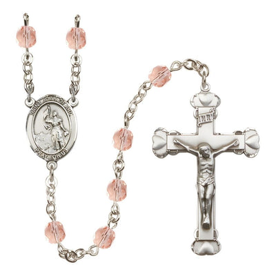 St. Joan of Arc Rosary with Pewter Heart Crucifix and Centerpiece, Birthstone 6mm Fire Polished Pink Rose Beads for October, Bliss Manufacturing