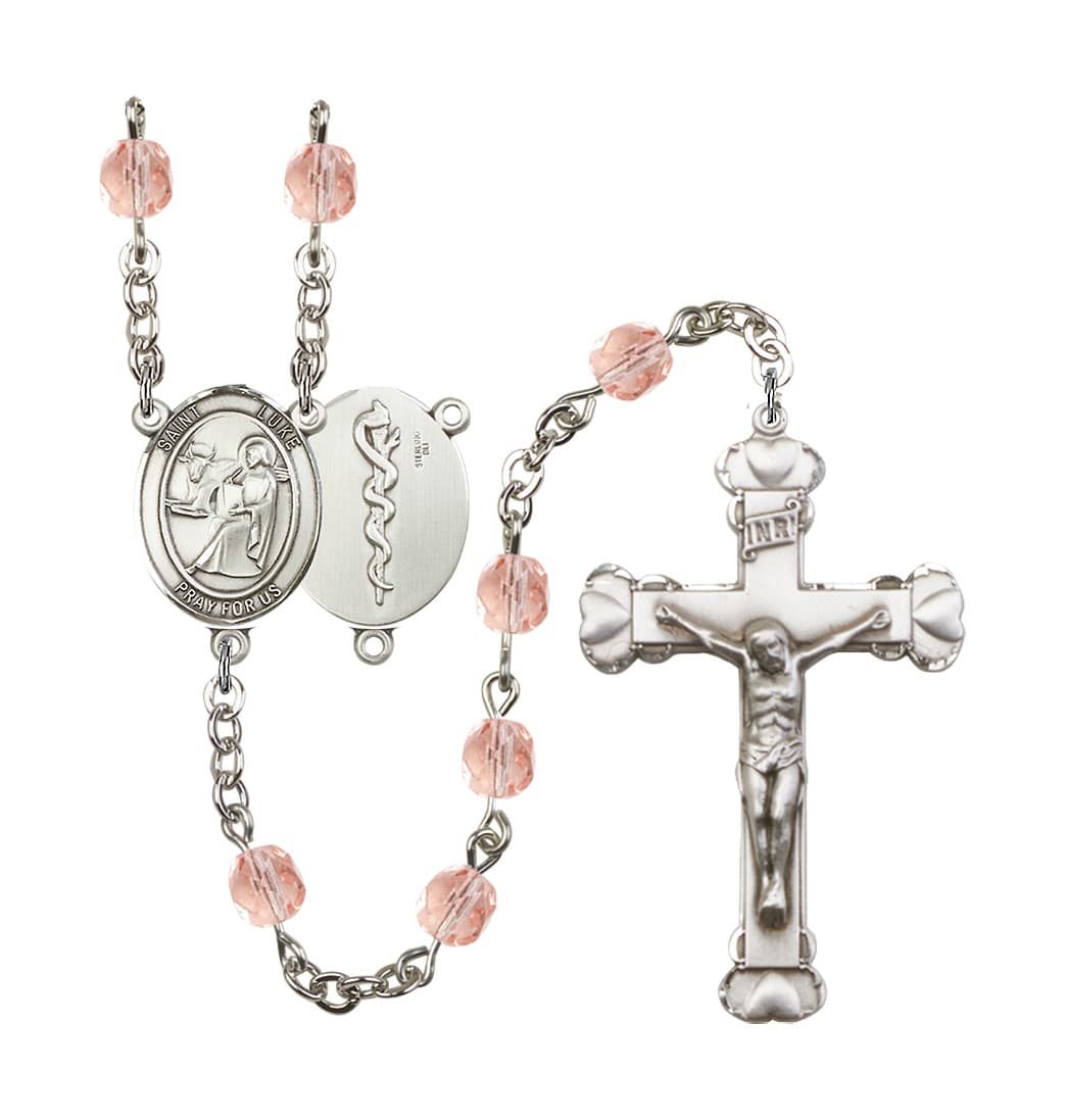 Bliss St Luke Doctor Birthstone Crystal Heart Tip Rosary in Oct/Pink,