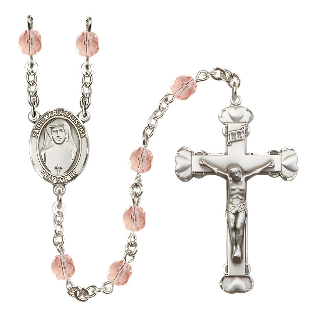 Bliss St. Maria Faustina Birthstone Engravable Heart Edge Rosary with Fire Polished Pink Beads,