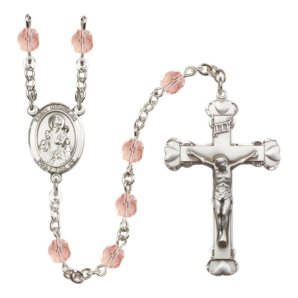 Bliss St. Nicholas Engravable Rosary with Pewter Centerpiece and Heart Crucifix, October Birthstone 6mm Pink Fire Polish Beads