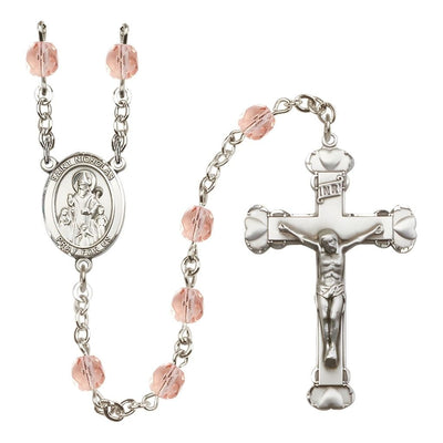 St. Nicholas Engravable Rosary with Pewter Centerpiece and Heart Crucifix, October Birthstone 6mm Pink Fire Polish Beads, Bliss Manufacturing
