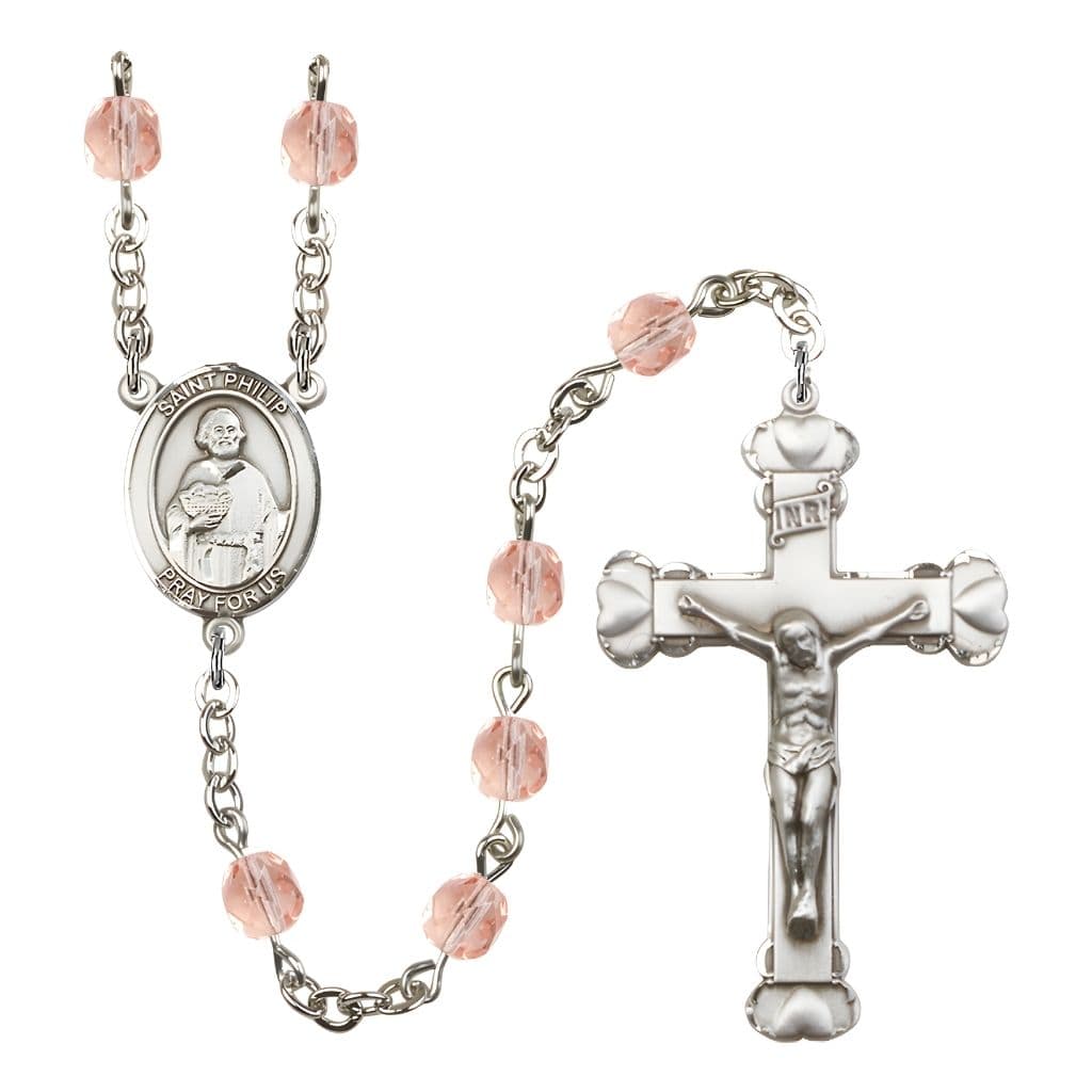 Bliss St. Philip the Apostle Rosary with Pewter Heart Crucifix and Centerpiece, Birthstone 6mm Fire Polished Pink Rose Beads for October
