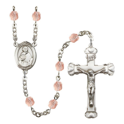 St. Philip the Apostle Rosary with Pewter Heart Crucifix and Centerpiece, Birthstone 6mm Fire Polished Pink Rose Beads for October, Bliss Manufacturing