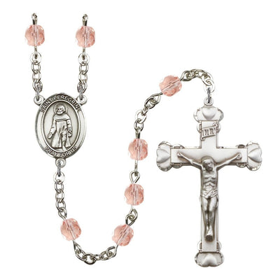 St. Peregrine Laziosi Rosary with Pewter Heart Crucifix and Centerpiece, Birthstone 6mm Fire Polished Pink Rose Beads for October, Bliss Manufacturing