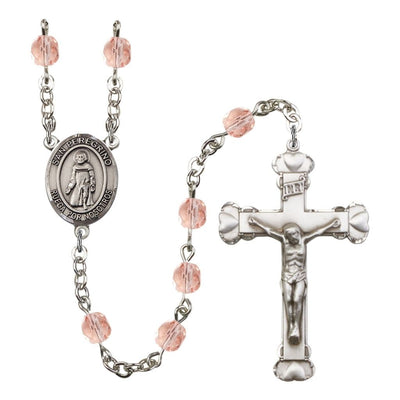 Spanish San Peregrino Rosary with Pewter Heart Crucifix and Centerpiece, Birthstone 6mm Fire Polished Pink Rose Beads for October, Bliss Manufacturing