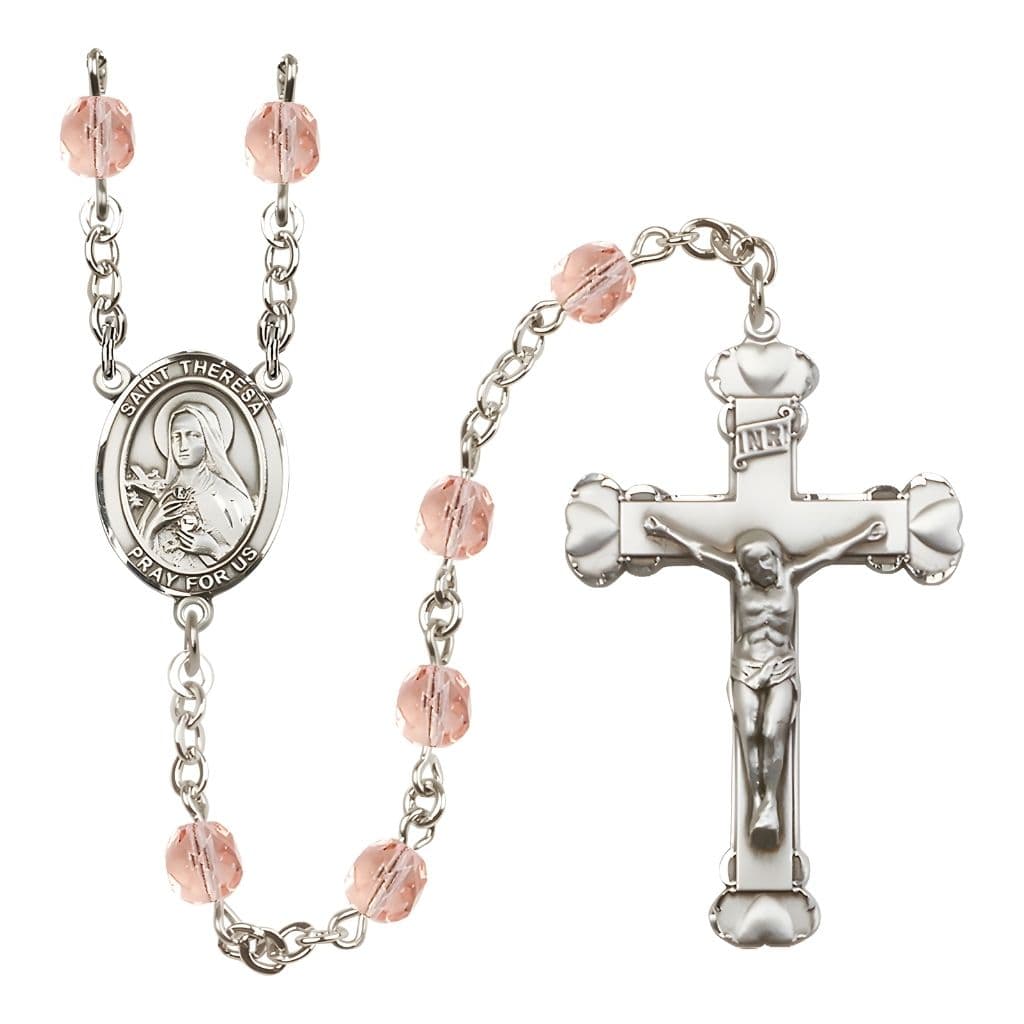 Bliss Birthstone 6mm Pink Fire Polished Silver-plated Engravable Rosary with Pewter St. Theresa Center and Heart Edge Crucifix