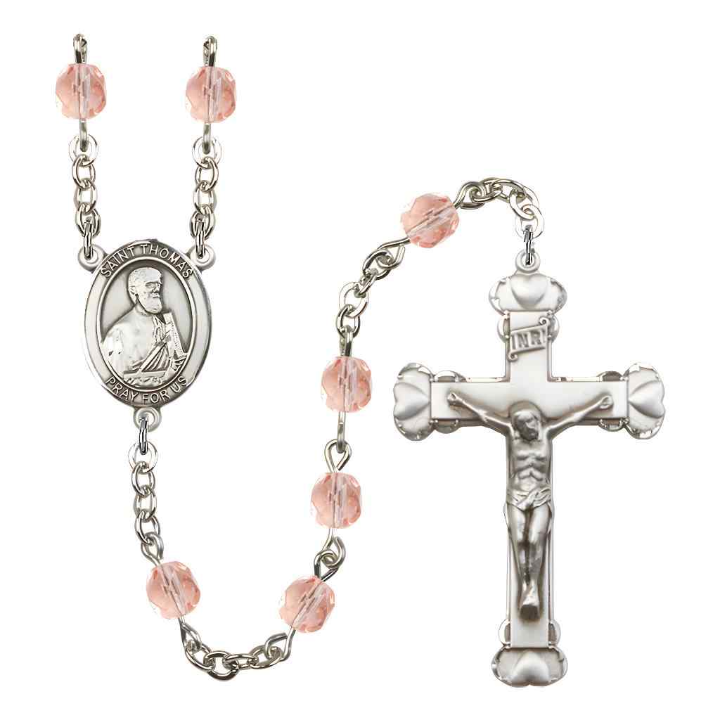 St. Thomas the Apostle Rosary with Pewter Heart Crucifix and Centerpiece, Birthstone 6mm Fire Polished Pink Rose Beads for October
