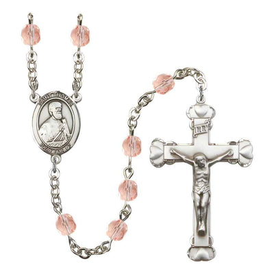 St. Thomas the Apostle Rosary with Pewter Heart Crucifix and Centerpiece, Birthstone 6mm Fire Polished Pink Rose Beads for October