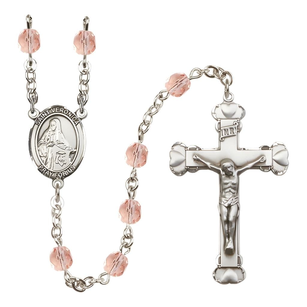 Bliss St. Veronica Rosary with Pewter Heart Crucifix and Centerpiece, Birthstone 6mm Fire Polished Pink Rose Beads for October