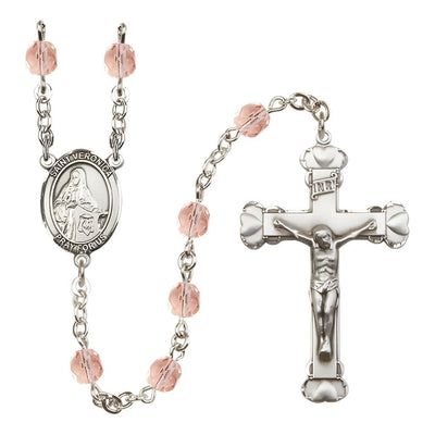 St. Veronica Rosary with Pewter Heart Crucifix and Centerpiece, Birthstone 6mm Fire Polished Pink Rose Beads for October, Bliss Manufacturing