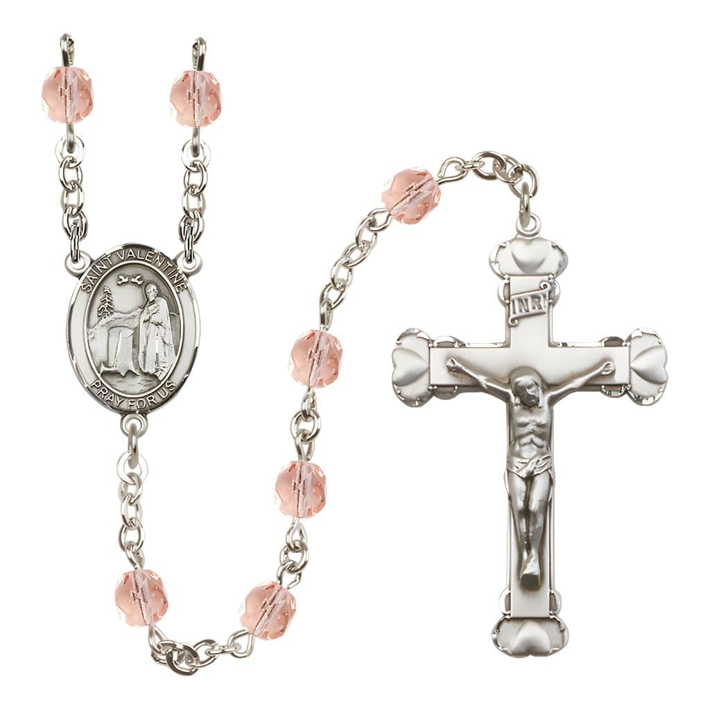 Bliss St. Valentine of Rome Rosary with Pewter Heart Crucifix and Centerpiece, Birthstone 6mm Fire Polished Pink Rose Beads for October
