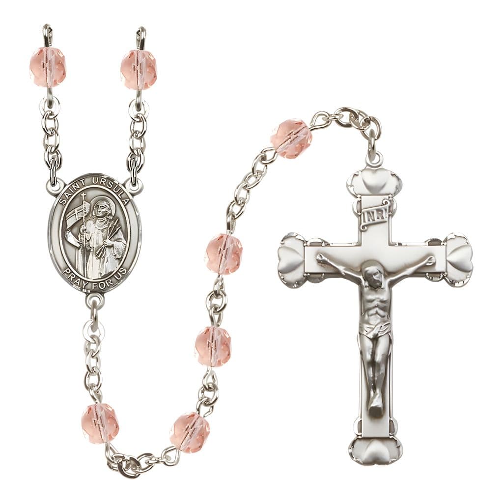 Bliss St. Ursula Rosary with Pewter Heart Crucifix and Centerpiece, Birthstone 6mm Fire Polished Pink Rose Beads for October