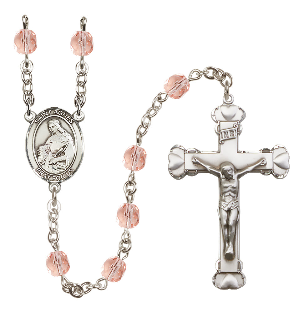 Bliss Silver-Plated Crystal St Agnes of Rome Birthstone Heart Rosary in Pink,