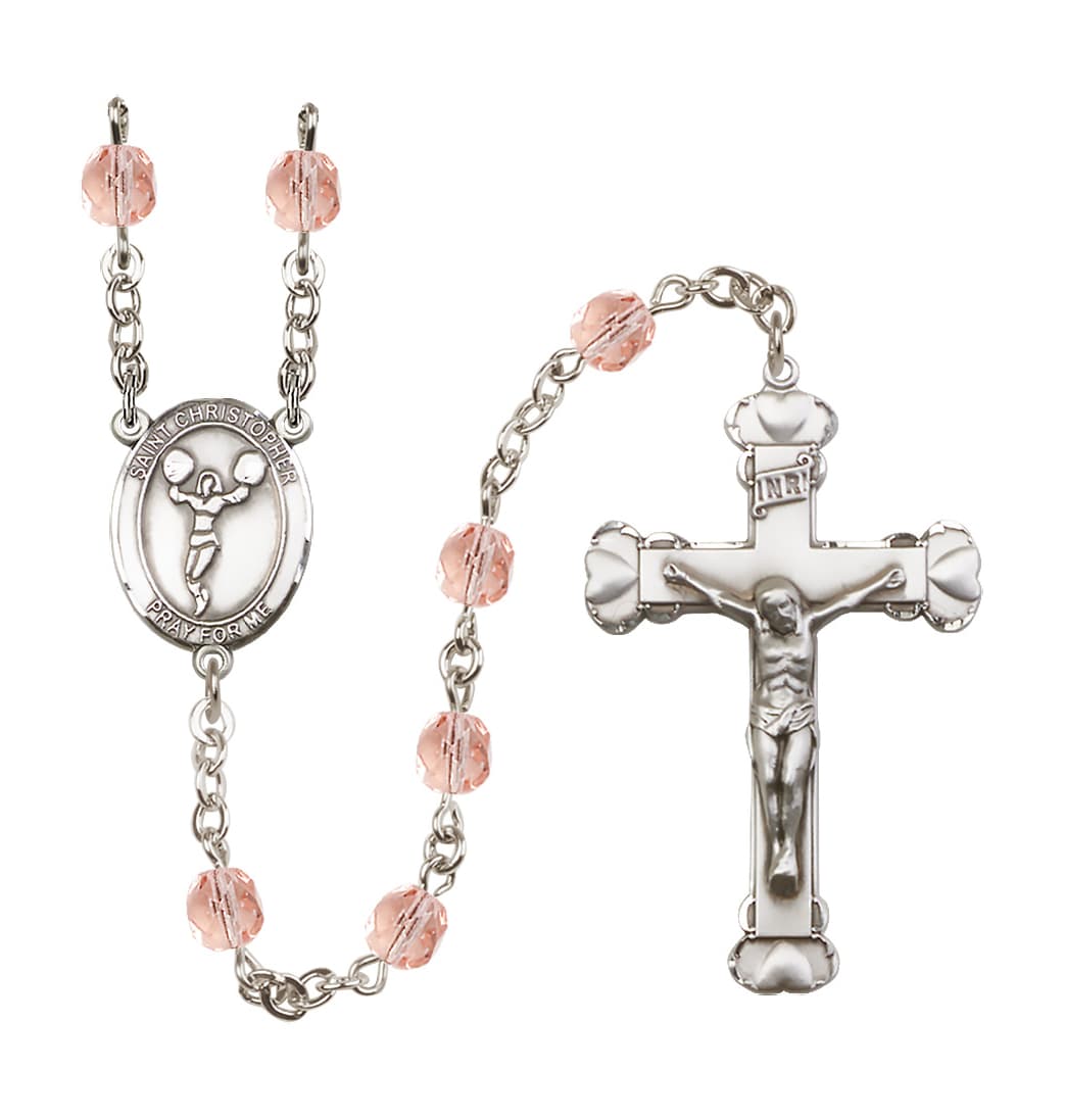 Bliss St Christopher Cheerleading Oct/Pink 6mm Fire Polished Heart Rosary