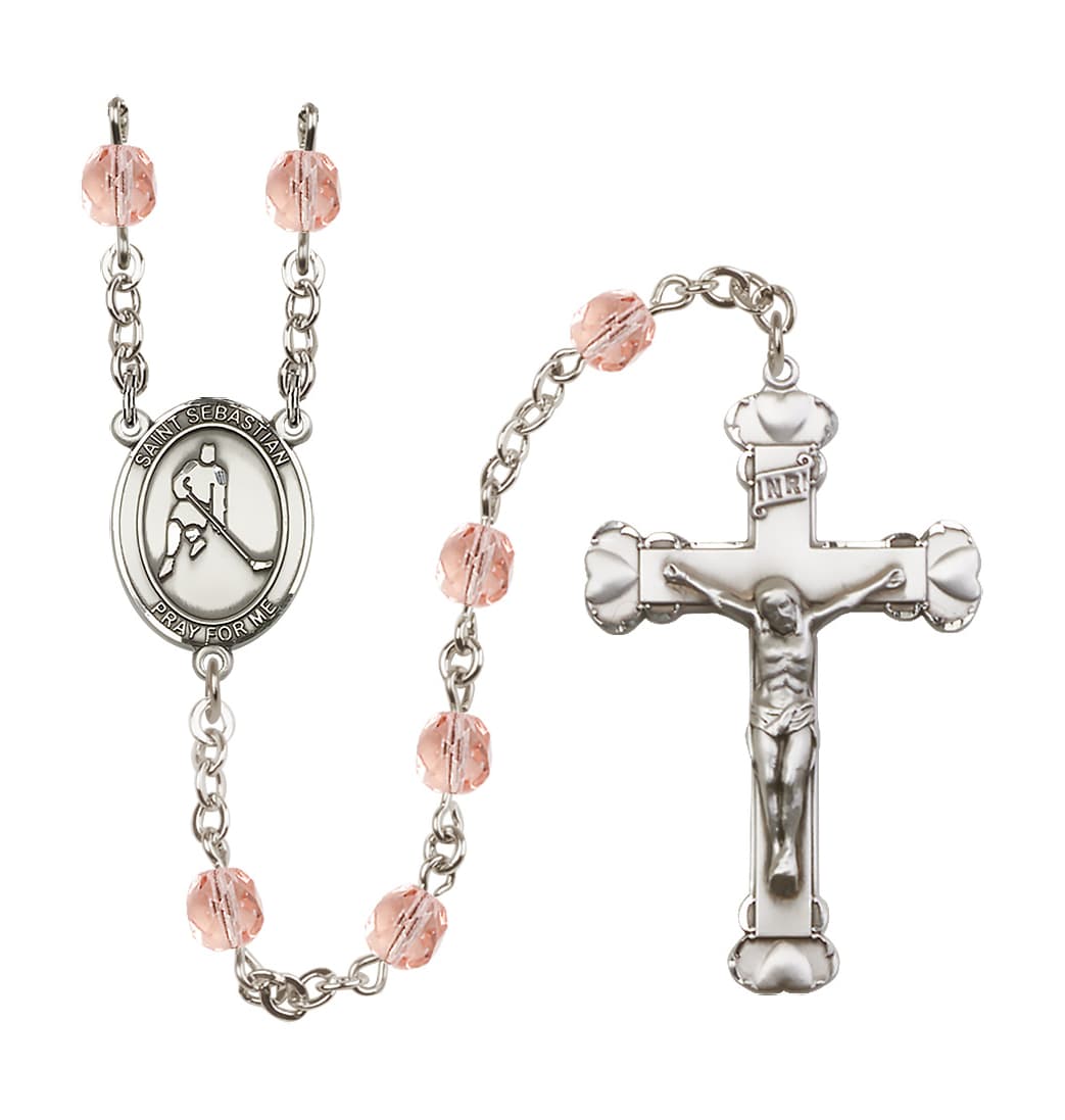 Bliss Oct/Pink Heart St Sebastian Ice Hockey 6mm Fire Polished Rosary,