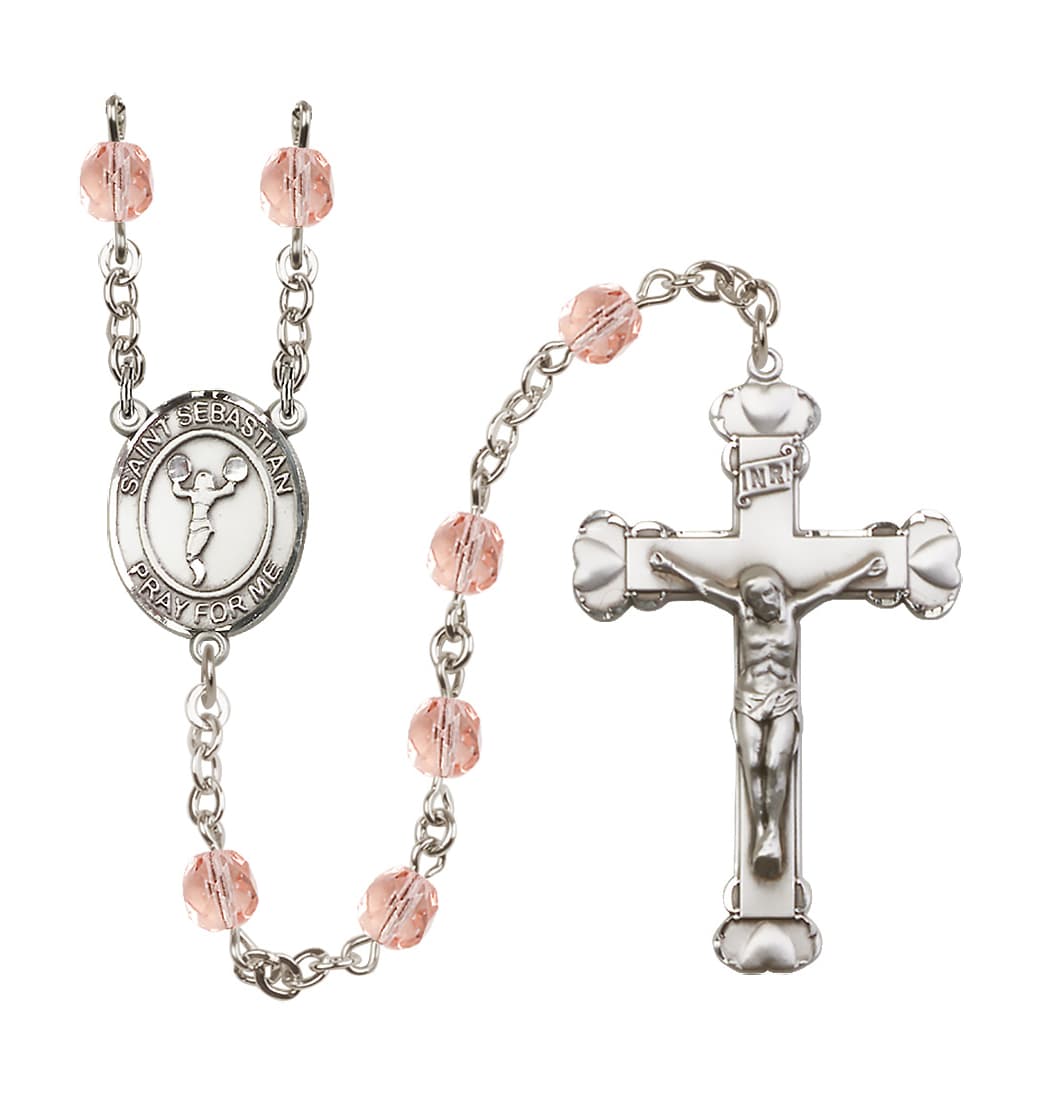 Bliss October Pink Crystal St Sebastian Cheerleading 6mm Fire Polished Heart Crucifix Rosary,