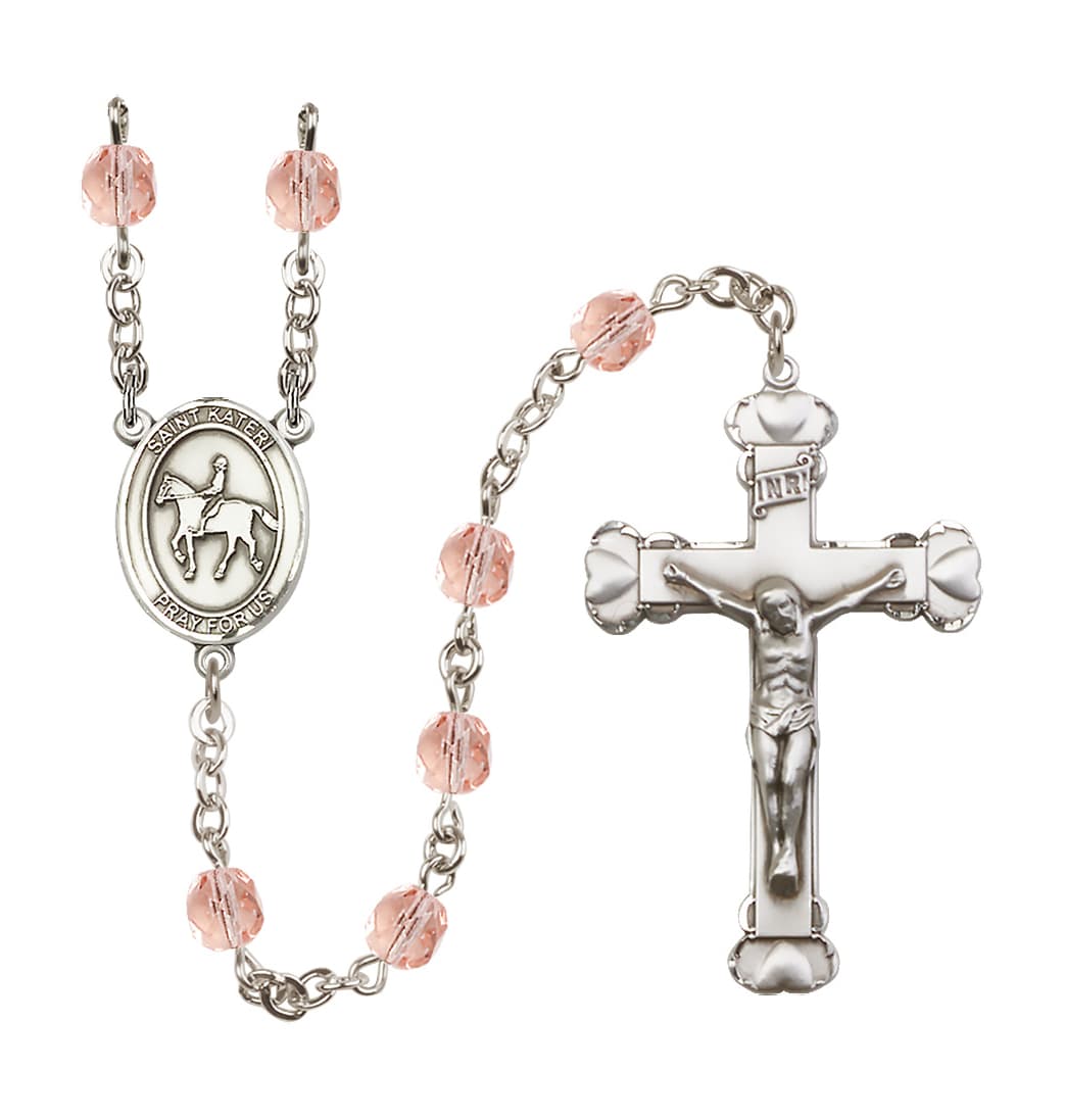 Bliss Birthstone Heart St Kateri Equestrian Pink/Oct 6mm Fire Polished Rosary,