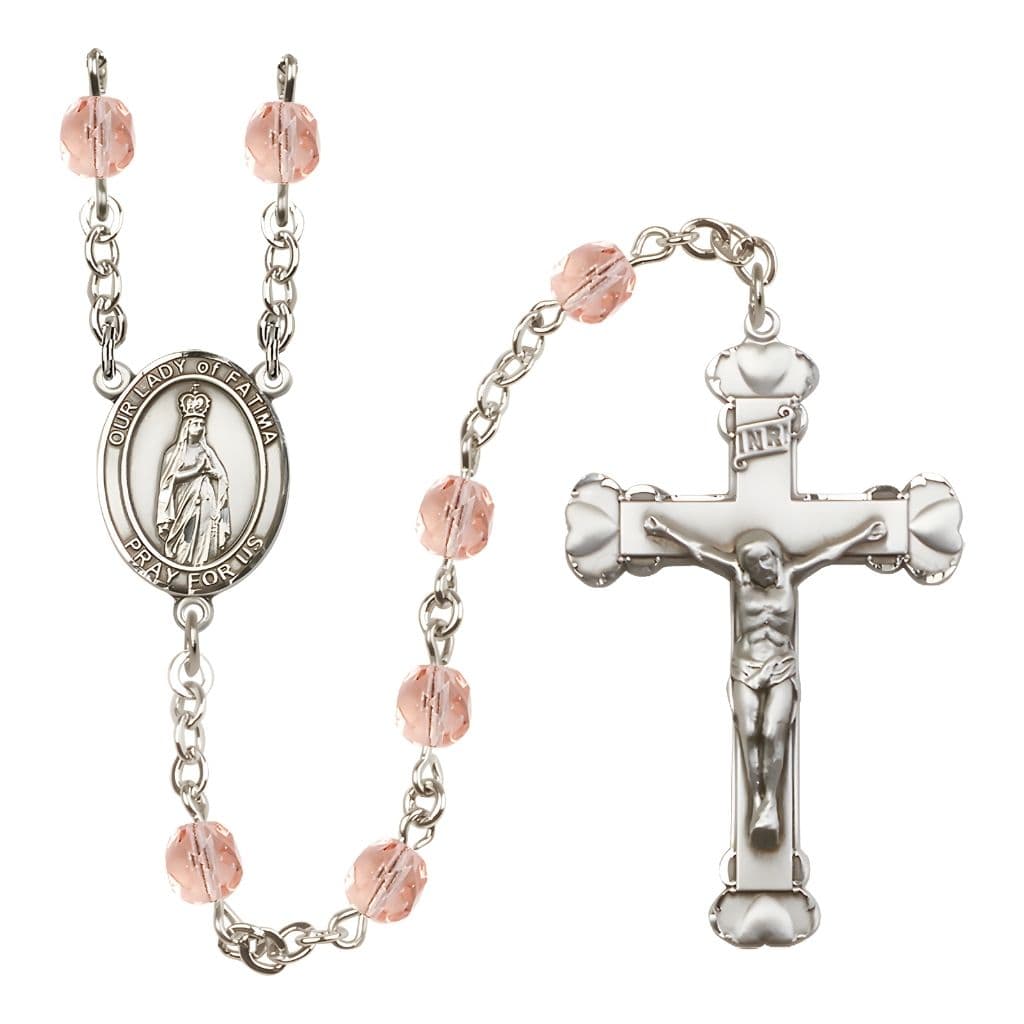Bliss Our Lady of Fatimas Rosary with Pewter Heart Crucifix and Centerpiece, Birthstone 6mm Fire Polished Pink Rose Beads for October