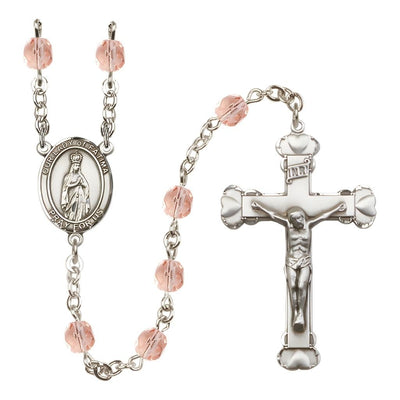 Our Lady of Fatimas Rosary with Pewter Heart Crucifix and Centerpiece, Birthstone 6mm Fire Polished Pink Rose Beads for October, Bliss Manufacturing