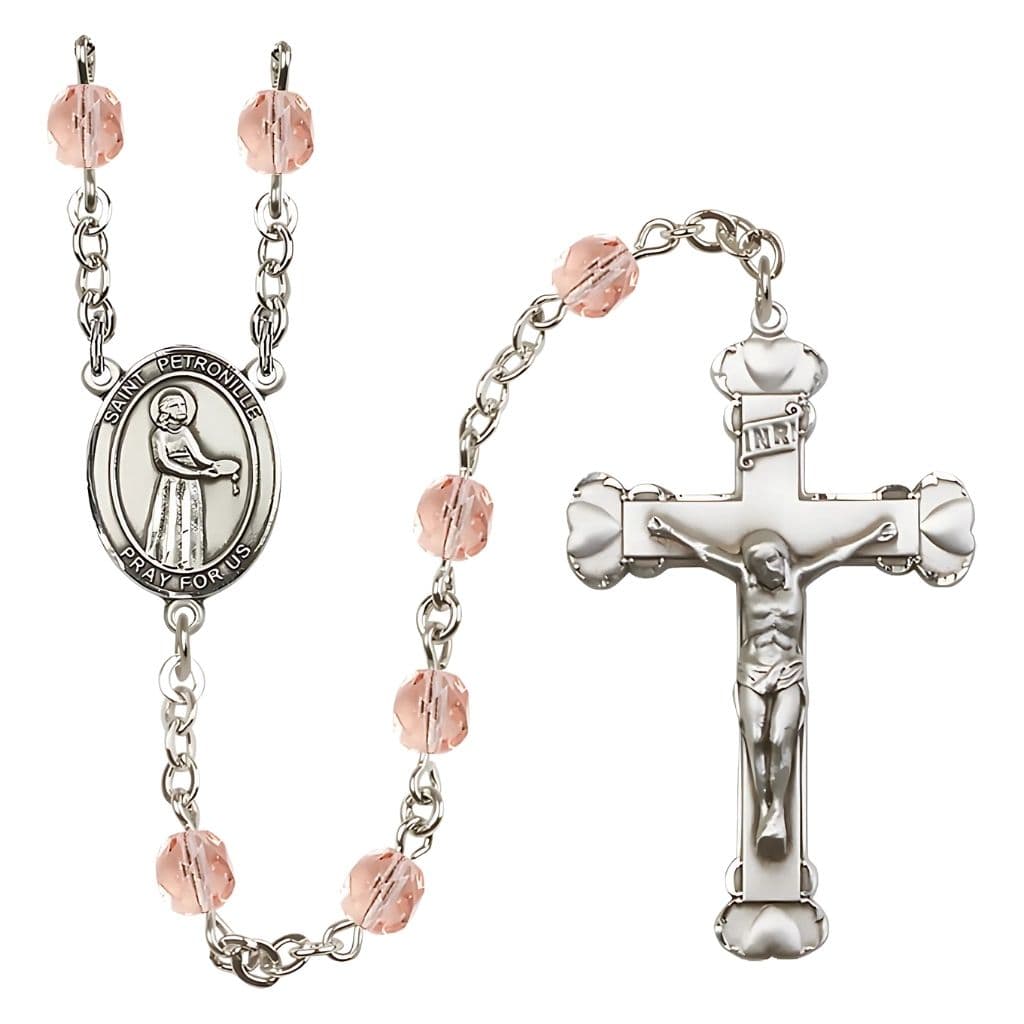 St. Petronille Silver-Plated Pink Crystal Birthstone Heart Rosary - Bliss,