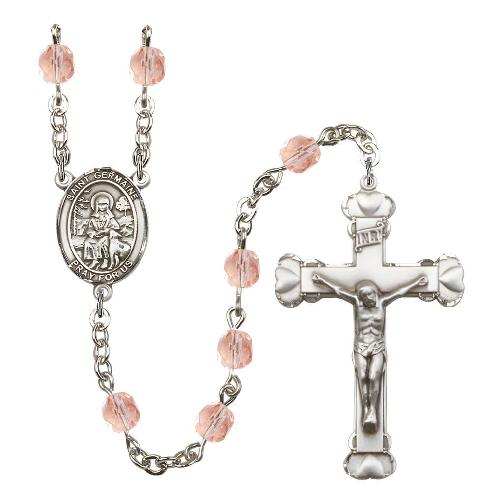 St. Germaine Cousin Rosary with Pewter Heart Crucifix and Centerpiece, Birthstone 6mm Fire Polished Pink Rose Beads for October