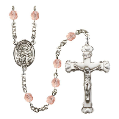 St. Germaine Cousin Rosary with Pewter Heart Crucifix and Centerpiece, Birthstone 6mm Fire Polished Pink Rose Beads for October