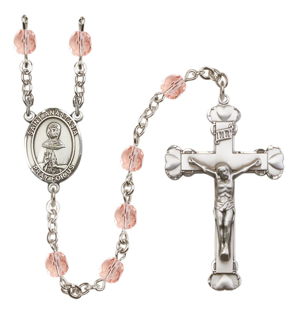 Bliss Silver-Plated Pink Crystal Saint Anastasia Birthstone Heart Rosary,